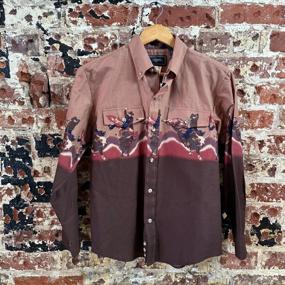 VTG Roper Snap Shirt Button Up Cowboy Western Long Sleeve Brown Horse Boys Large